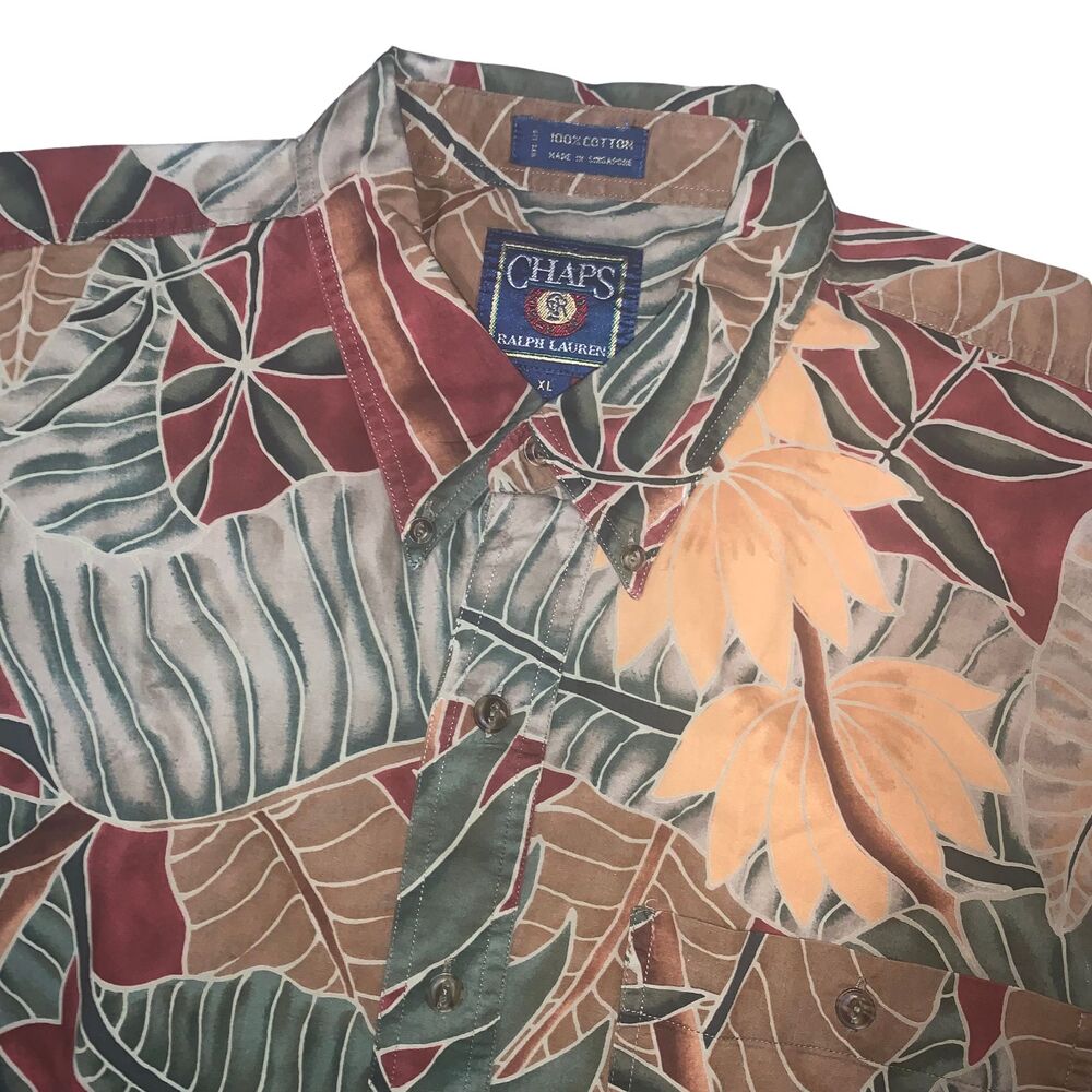 Vintage Chaps Ralph Lauren Shirt Mens XL Green Floral Hawaiian Short Sleeve